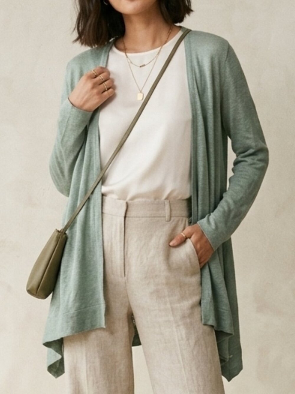 Tahari 100% Linen Open Front Longline Cardigan Sage Blue Size M